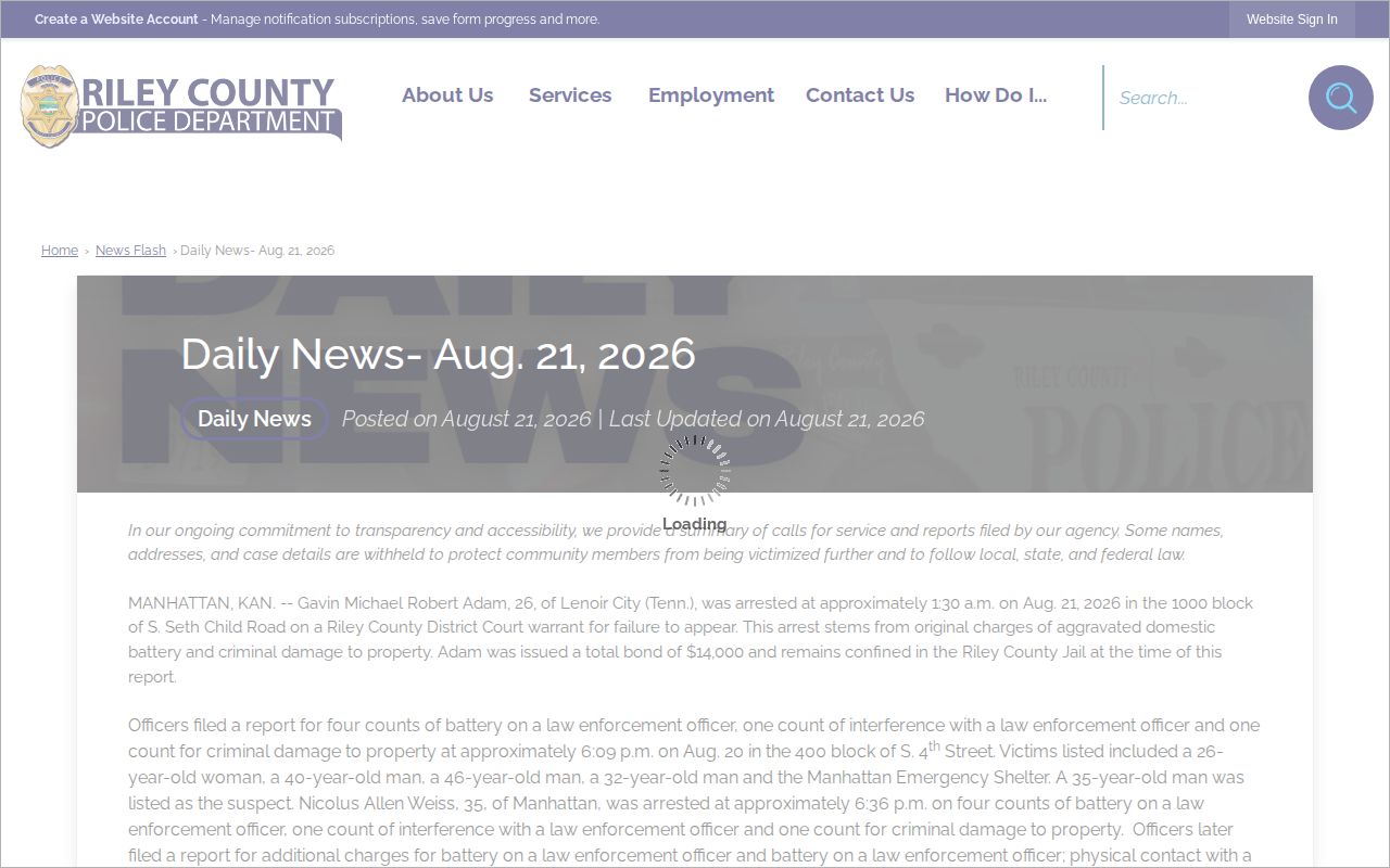 Riley County Police Manhattan recent arrest report interface