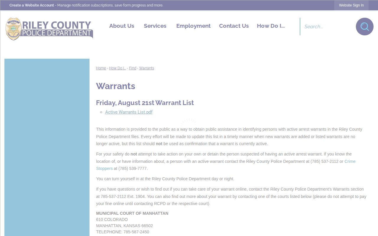 Riley County Police Department official warrant list page